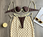 Shuvexa Women's Polka Dot Bikini Set with Cover-Up Skirt, Padded Wireless Three-Piece Swimwear, Coffee Brown