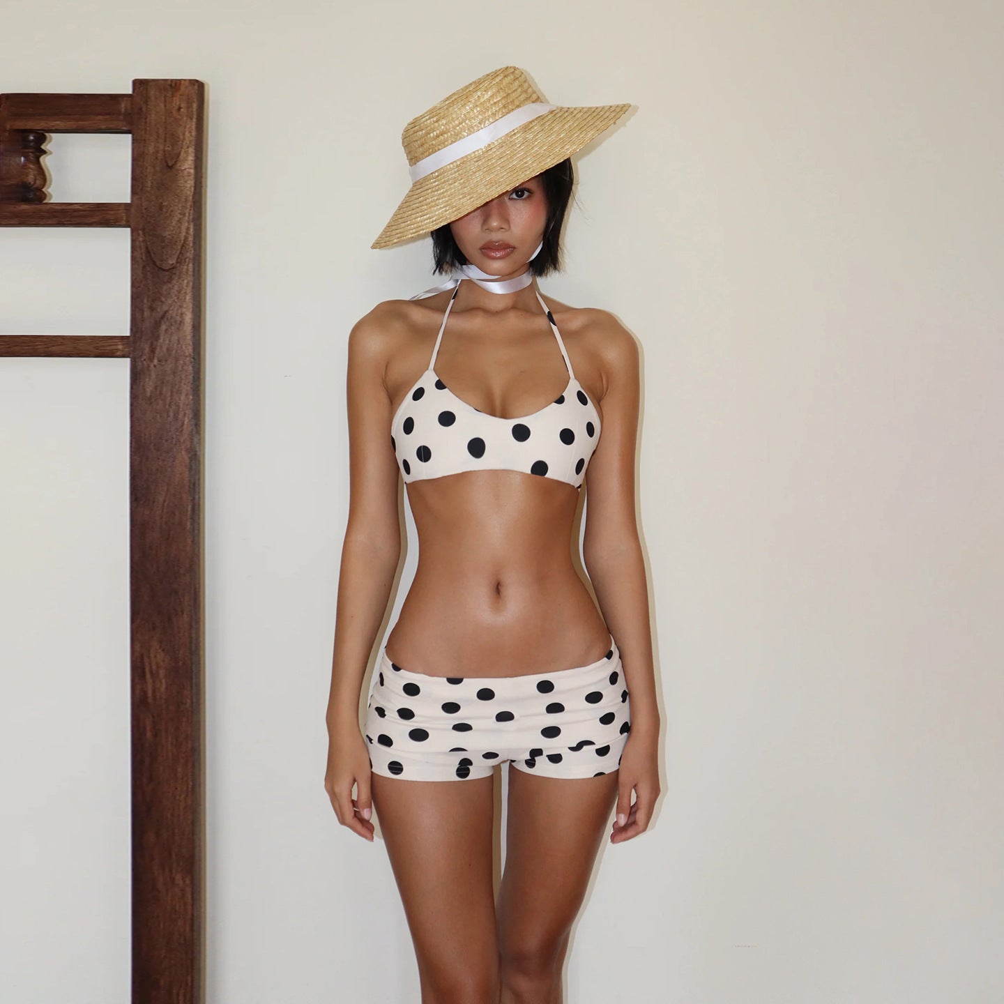 Shuvexa Women's Polka Dot Bikini Set, Halter Swim Top with Swim Shorts, Padded Wireless