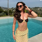 Shuvexa Women's Polka Dot Bikini Set with Cover-Up Skirt, Padded Wireless Three-Piece Swimwear, Coffee Brown