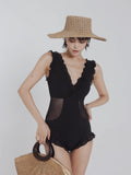 Shuvexa Women's One Piece Swimsuit, Ruffle V-Neck Mesh Panel, Padded Wireless, Black