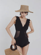 Shuvexa Women's One Piece Swimsuit, Ruffle V-Neck Mesh Panel, Padded Wireless, Black