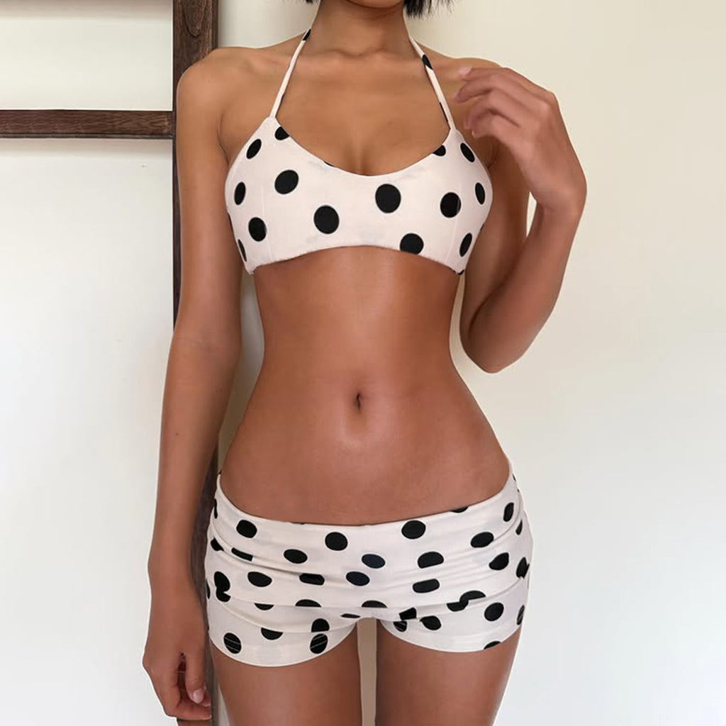 Shuvexa Women's Polka Dot Bikini Set, Halter Swim Top with Swim Shorts, Padded Wireless