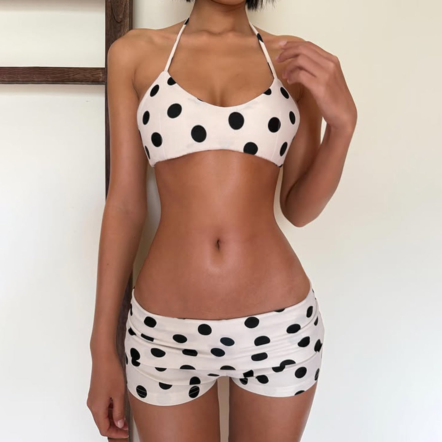 Shuvexa Women's Polka Dot Bikini Set, Halter Swim Top with Swim Shorts, Padded Wireless