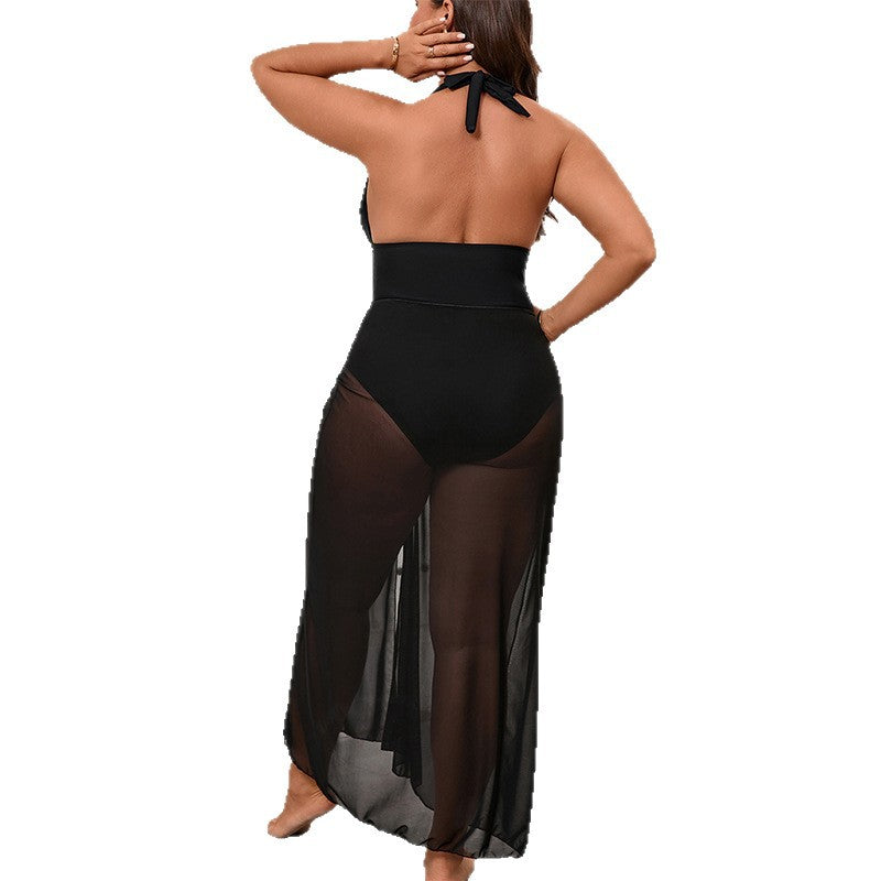 Shuvexa Women's One Piece Swimsuit with Sheer Cover Up, Padded Wireless Swimwear Set, Black