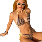Shuvexa Women's Striped Triangle Bikini Set, Padded Wireless Halter Two Piece Swimsuit