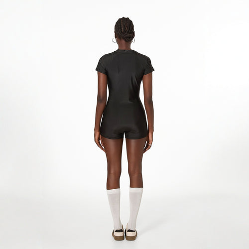 Shuvexa Women's Black Short Sleeve Zip Front One Piece Swimsuit, Padded Wireless