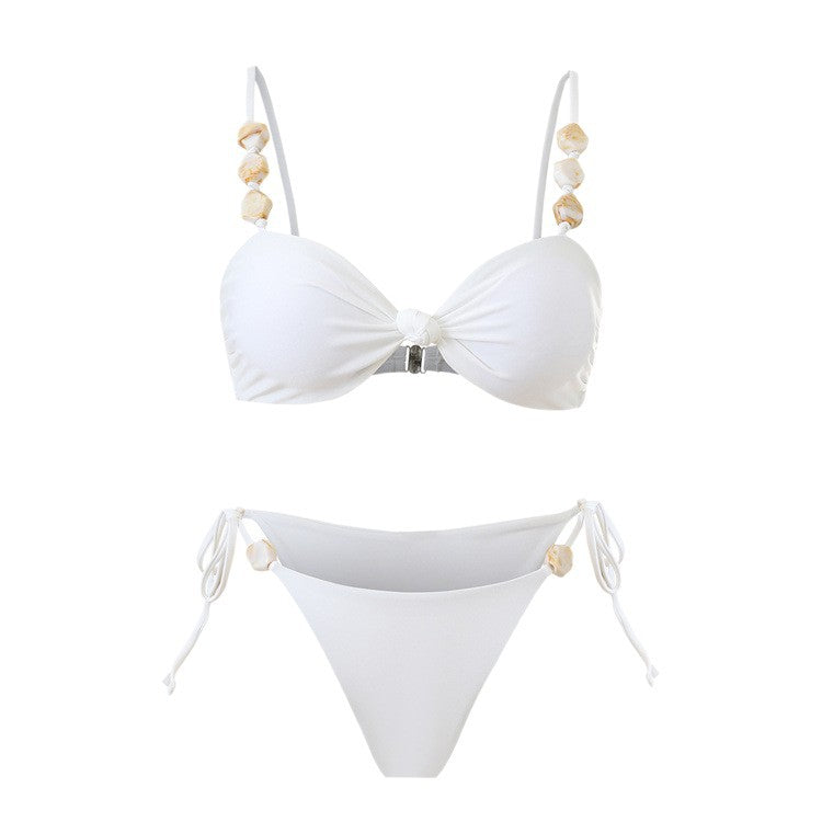 Shuvexa Women's White Bikini Set with Cover-Up Skirt, Padded Wireless Swimwear