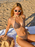 Shuvexa Women's Striped Triangle Bikini Set, Padded Wireless Halter Two Piece Swimsuit