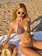 Shuvexa Women's Striped Triangle Bikini Set, Padded Wireless Halter Two Piece Swimsuit