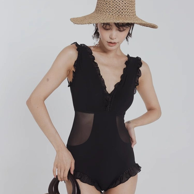 Shuvexa Women's One Piece Swimsuit, Ruffle V-Neck Mesh Panel, Padded Wireless, Black