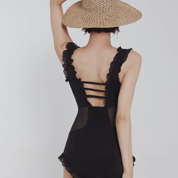 Shuvexa Women's One Piece Swimsuit, Ruffle V-Neck Mesh Panel, Padded Wireless, Black