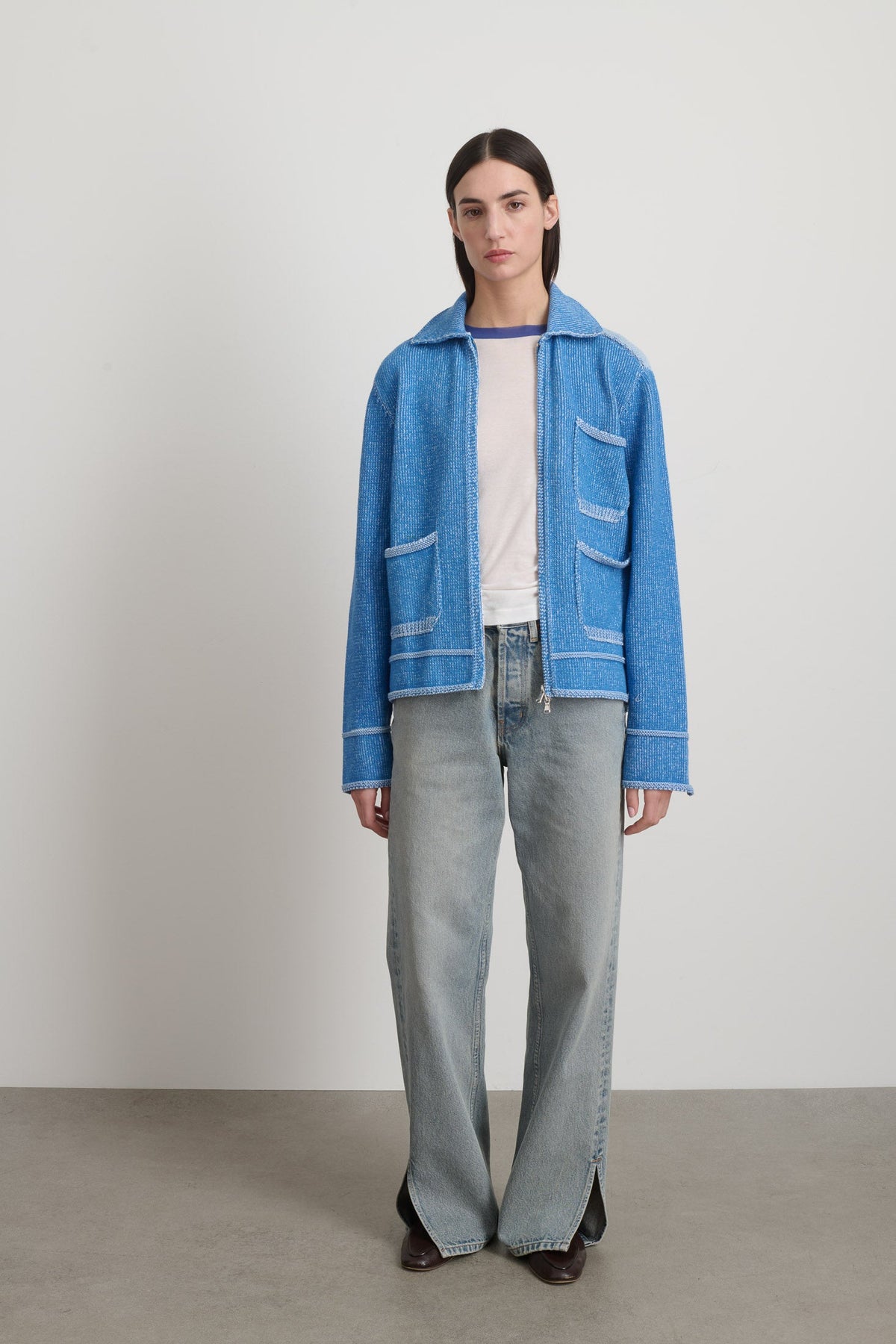 Hand Knit Sweater Jacket Blue/White